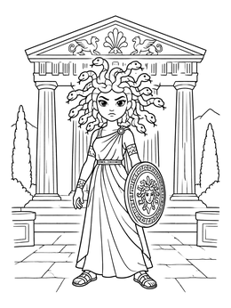 Free printable Cute Medusa Before Greek Temple coloring page
