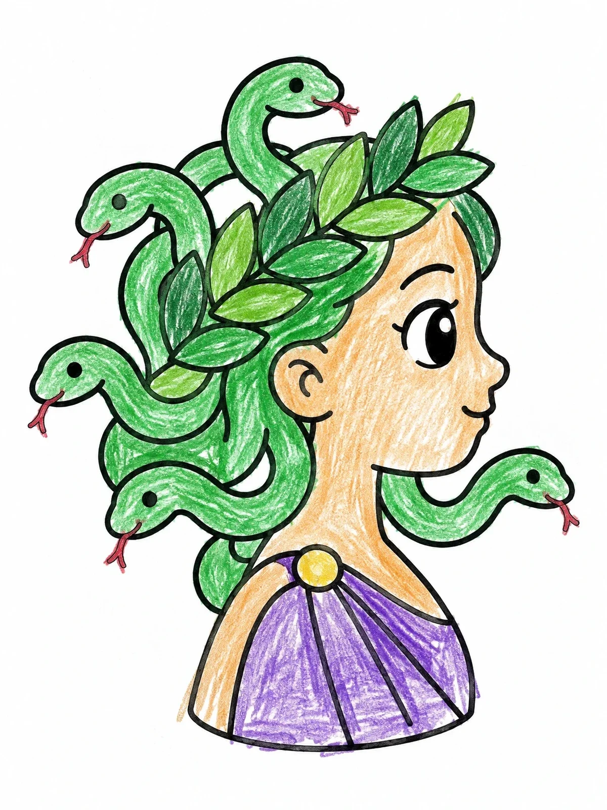 Colored example of the Cute Medusa With Laurel Wreath coloring page