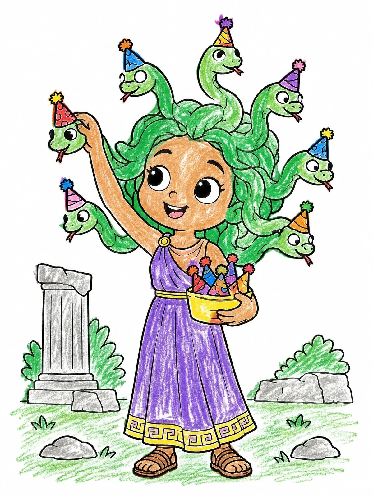 Colored example of the Cute Medusa With Party Snakes coloring page