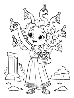 Free printable Cute Medusa With Party Snakes coloring page