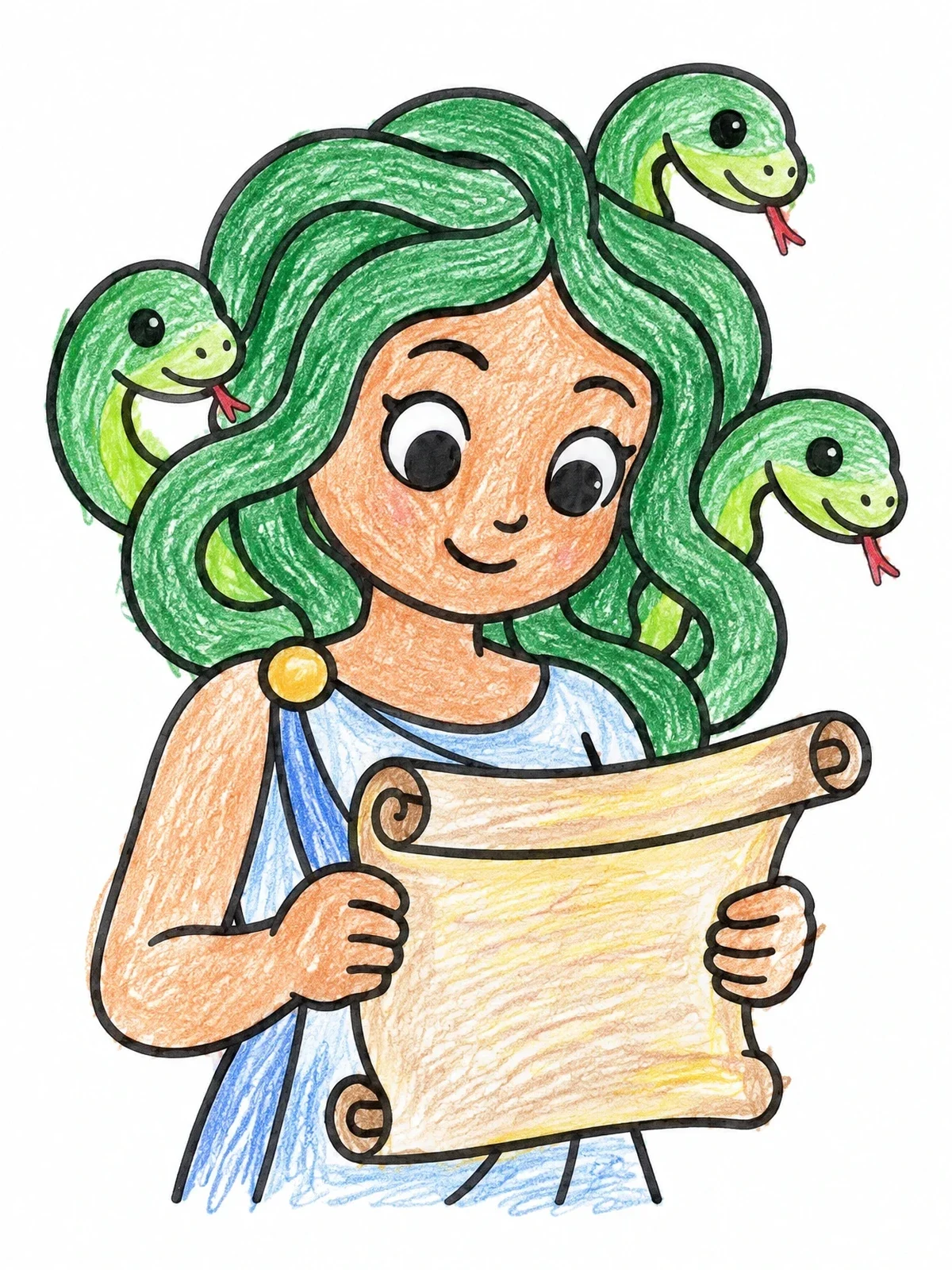 Colored example of the Cute Medusa Reading Ancient Scroll coloring page