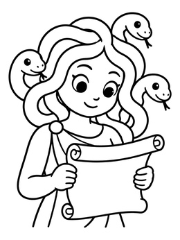 Free printable Cute Medusa Reading Ancient Scroll coloring page