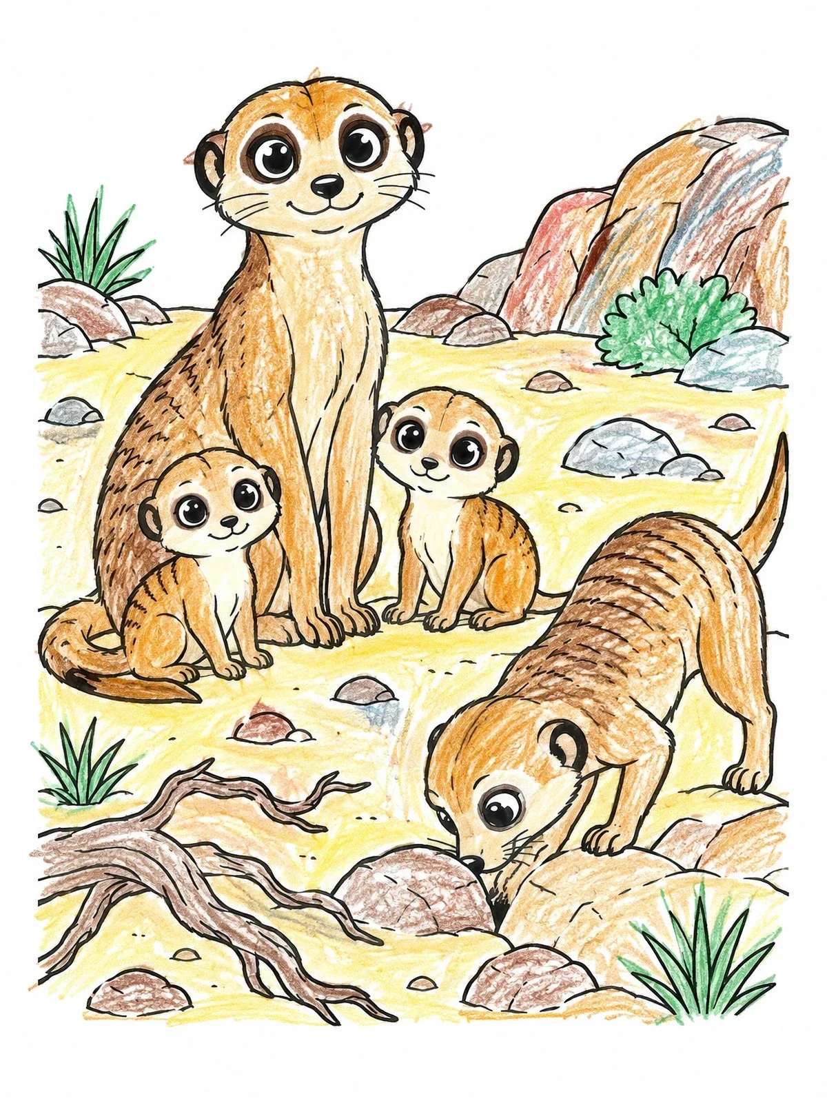 Colored example of the Cute Meerkat Family In The Desert coloring page