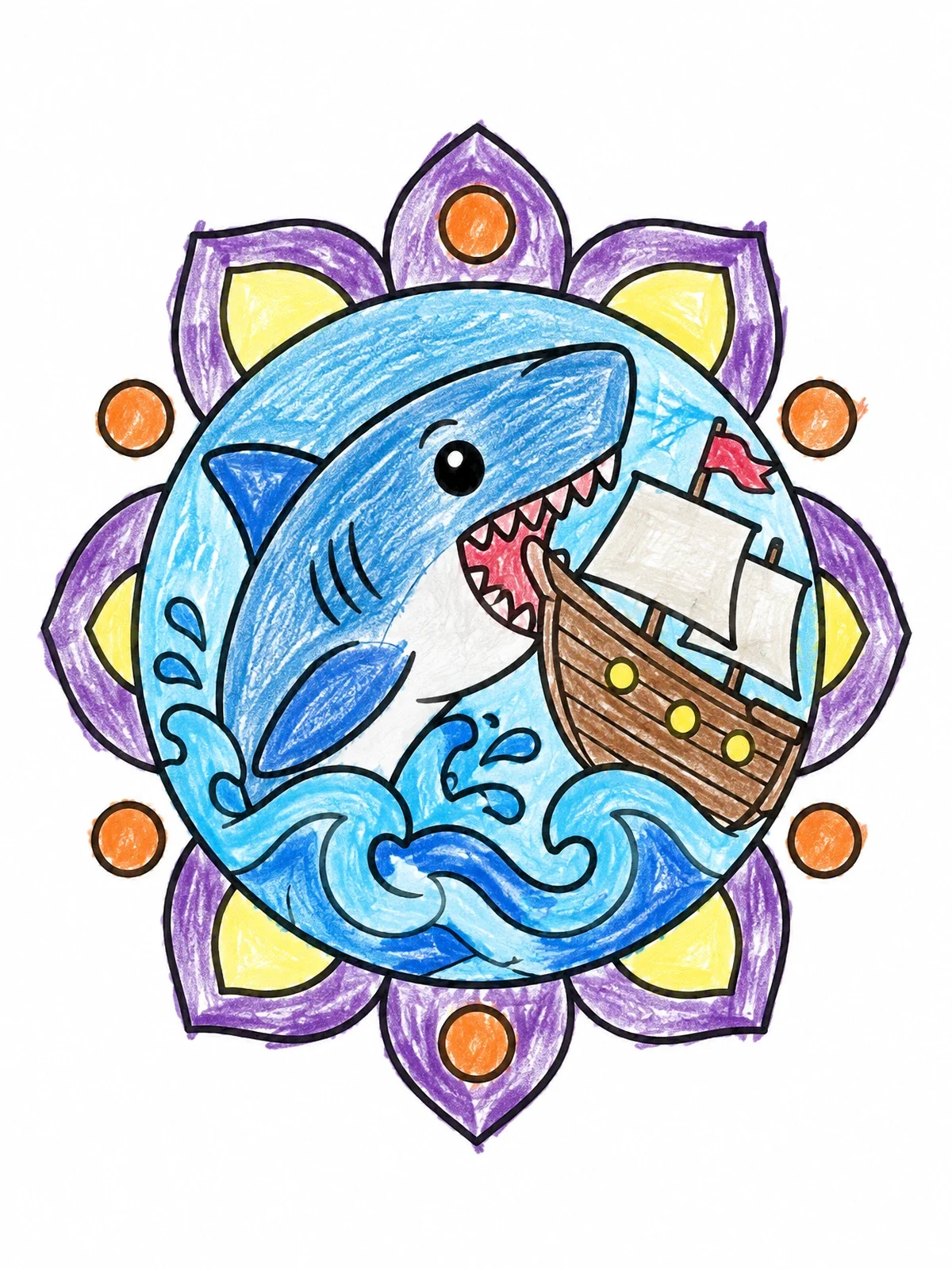 Colored example of the Cute Megalodon Biting A Sailing Ship coloring page