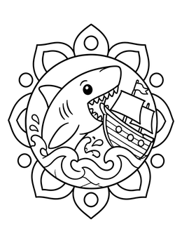 Free printable Cute Megalodon Biting A Sailing Ship coloring page