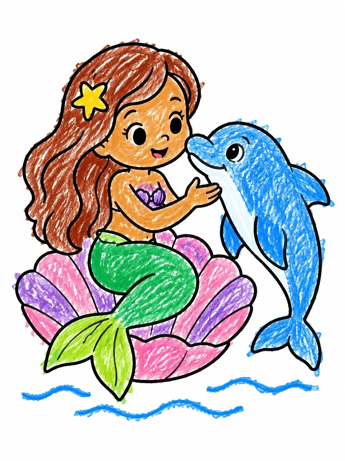 Colored example of the Mermaid And Dolphin On Clam Shell coloring page