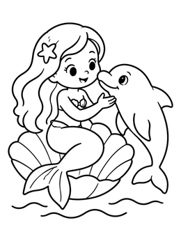 A cute mermaid dolphin coloring page showing a mermaid on a shell petting a friendly dolphin.