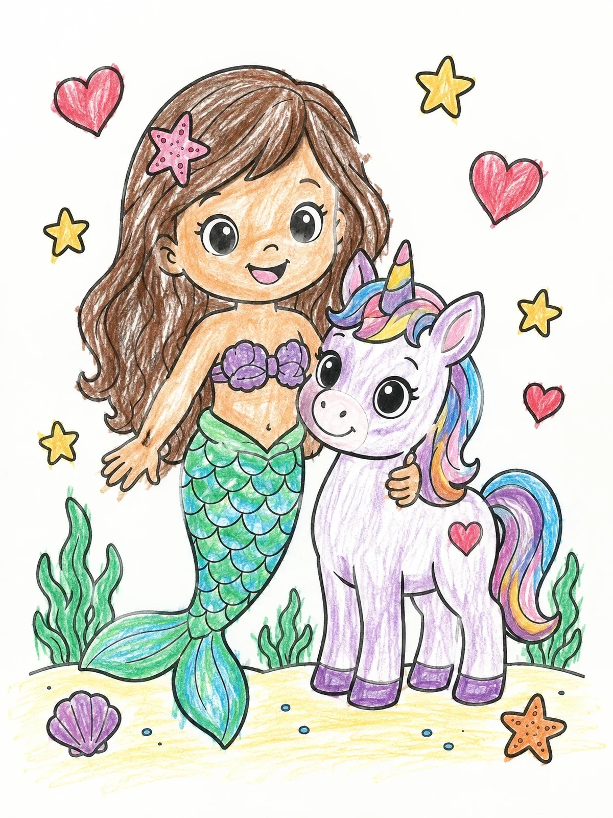 Colored example of the Cute Mermaid And Little Unicorn coloring page