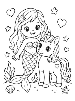 Free printable Cute Mermaid And Little Unicorn coloring page