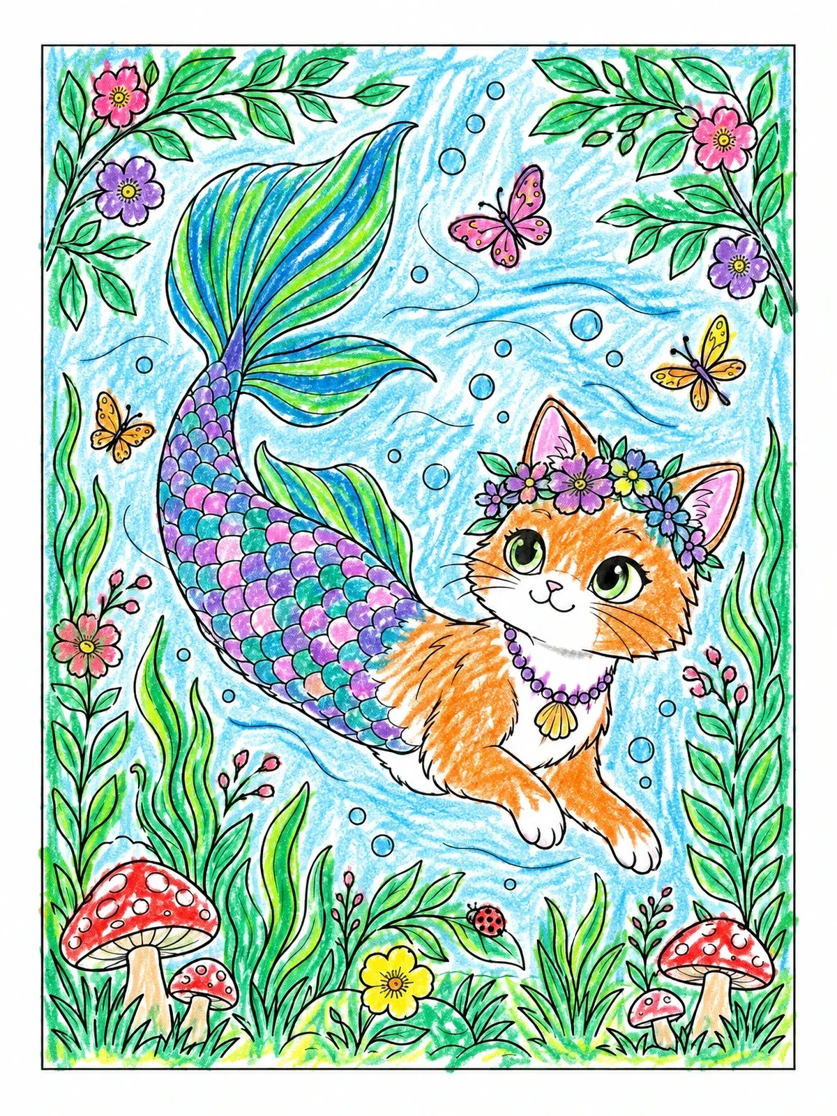 Colored example of the Cute Mermaid Cat Swimming Underwater coloring page