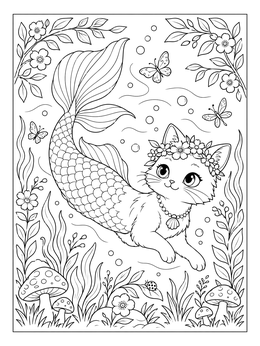 Free printable Cute Mermaid Cat Swimming Underwater coloring page