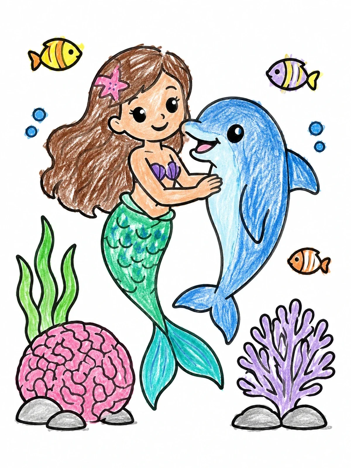 Colored example of the Cute Mermaid Hugging Dolphin coloring page
