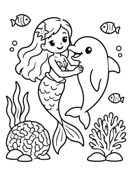 Free printable Cute Mermaid Hugging Dolphin coloring page