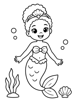 A sweet mermaid coloring page showing a smiling little mermaid underwater with bubbles and a seashell.