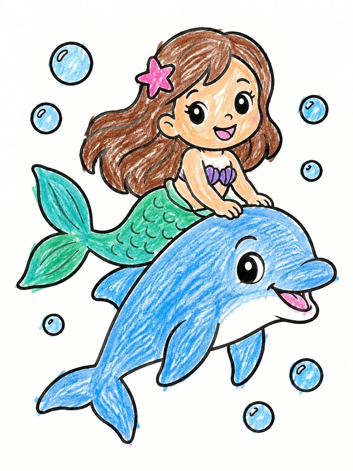 Colored example of the Cute Mermaid Riding A Dolphin coloring page