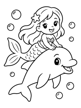 Free printable Cute Mermaid Riding A Dolphin coloring page