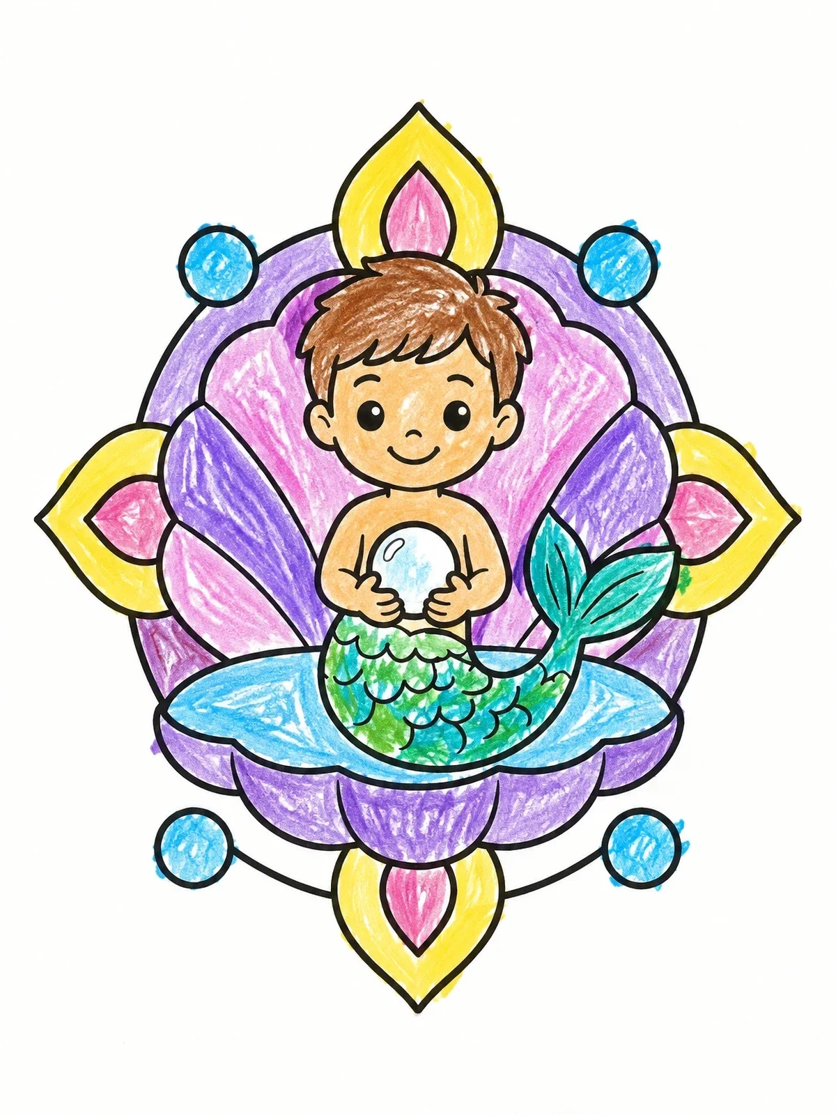 Colored example of the Cute Merman Boy With Pearl coloring page