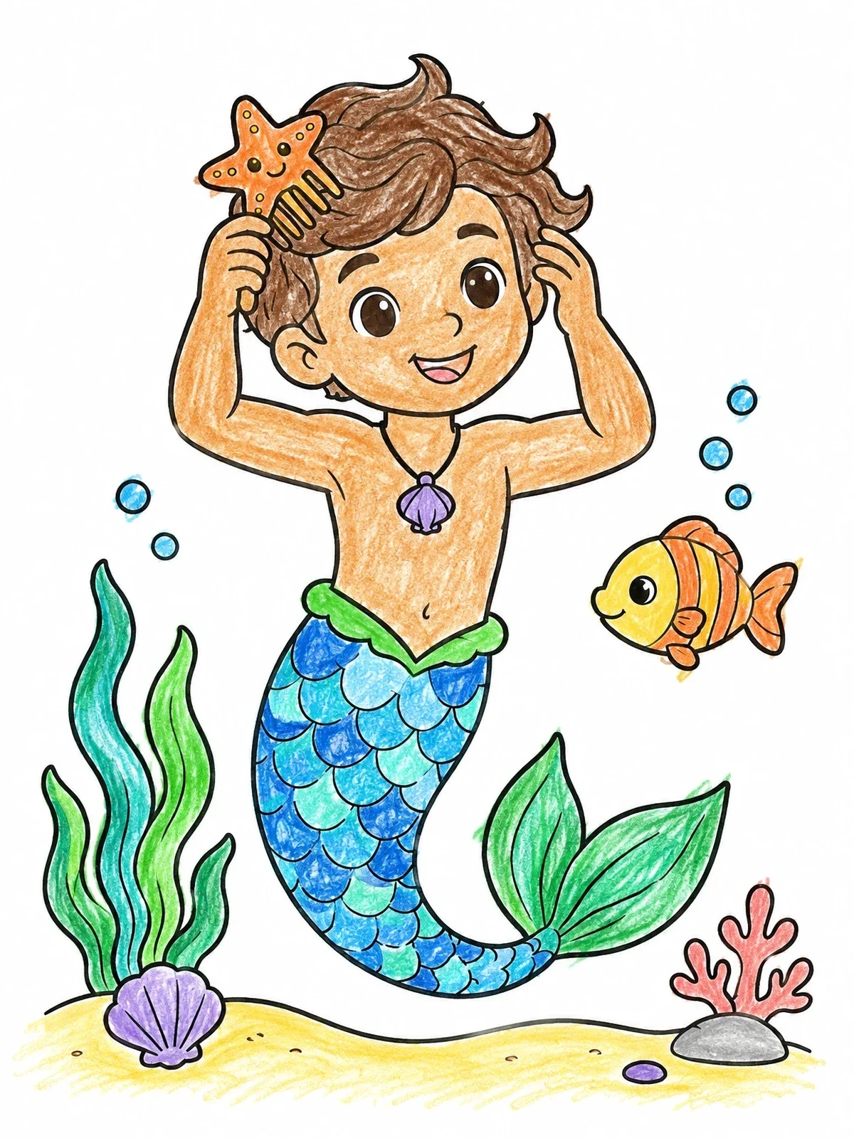 Colored example of the Cute Merman Combing His Hair coloring page