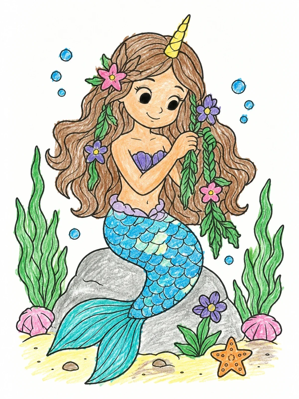 Colored example of the Cute Mermicorn Braiding Flower Hair coloring page