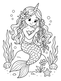 Free printable Cute Mermicorn Braiding Flower Hair coloring page