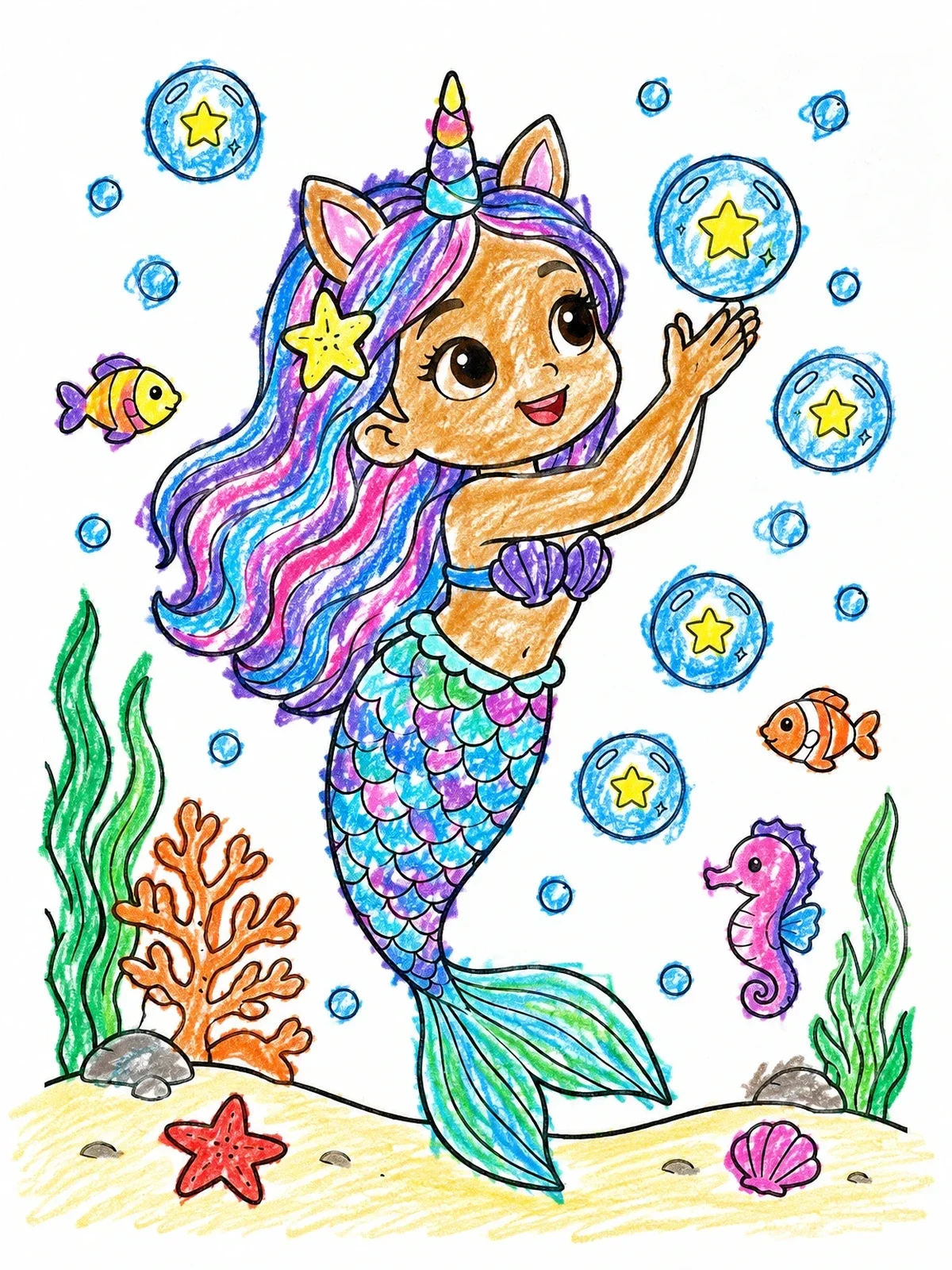 Colored example of the Cute Mermicorn Catching Star Bubbles coloring page