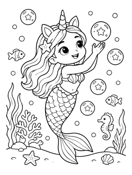 Free printable Cute Mermicorn Catching Star Bubbles coloring page