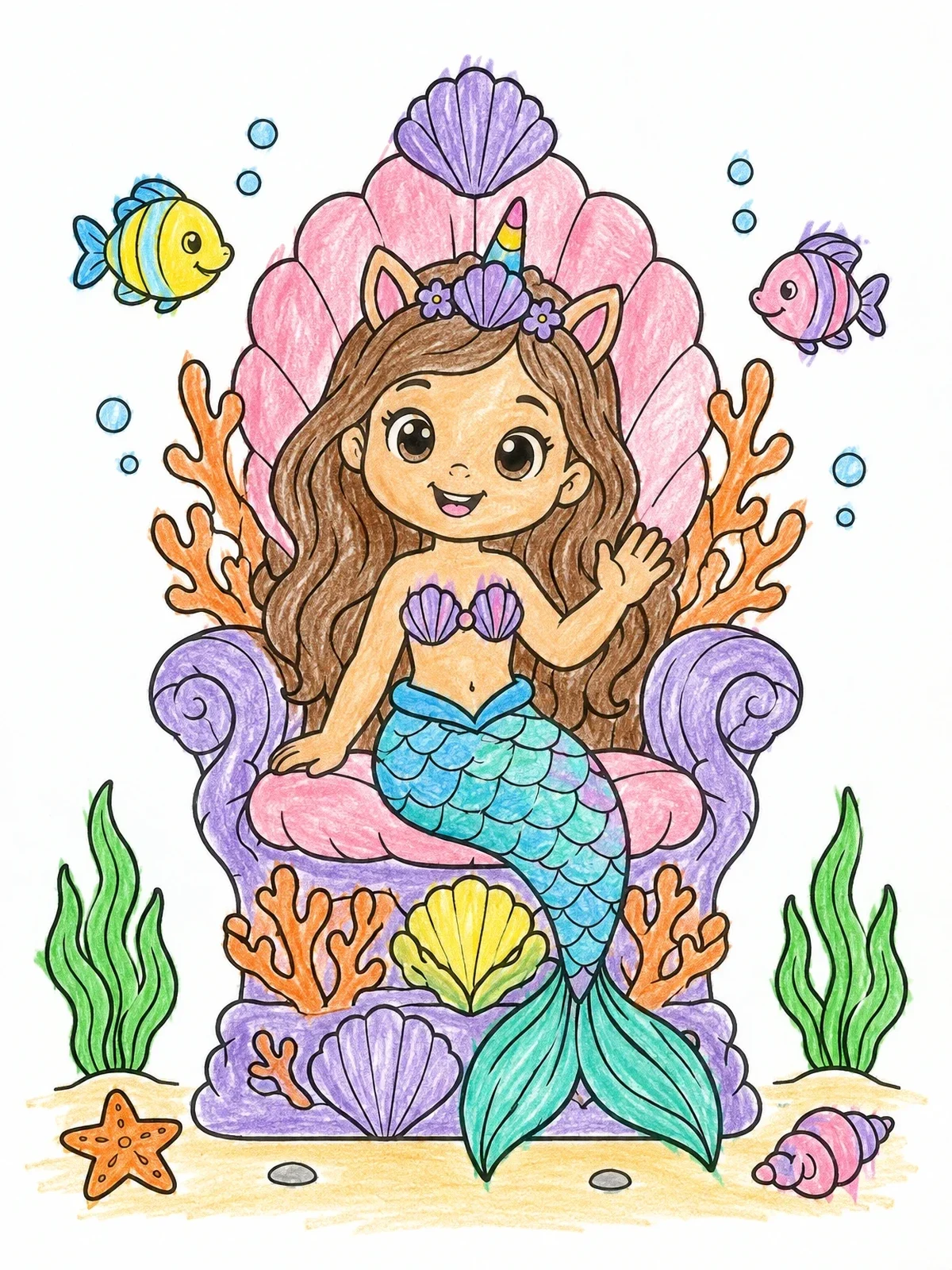 Colored example of the Cute Mermicorn On Shell Throne coloring page