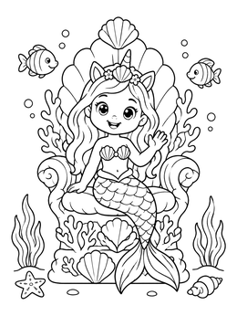 Free printable Cute Mermicorn On Shell Throne coloring page