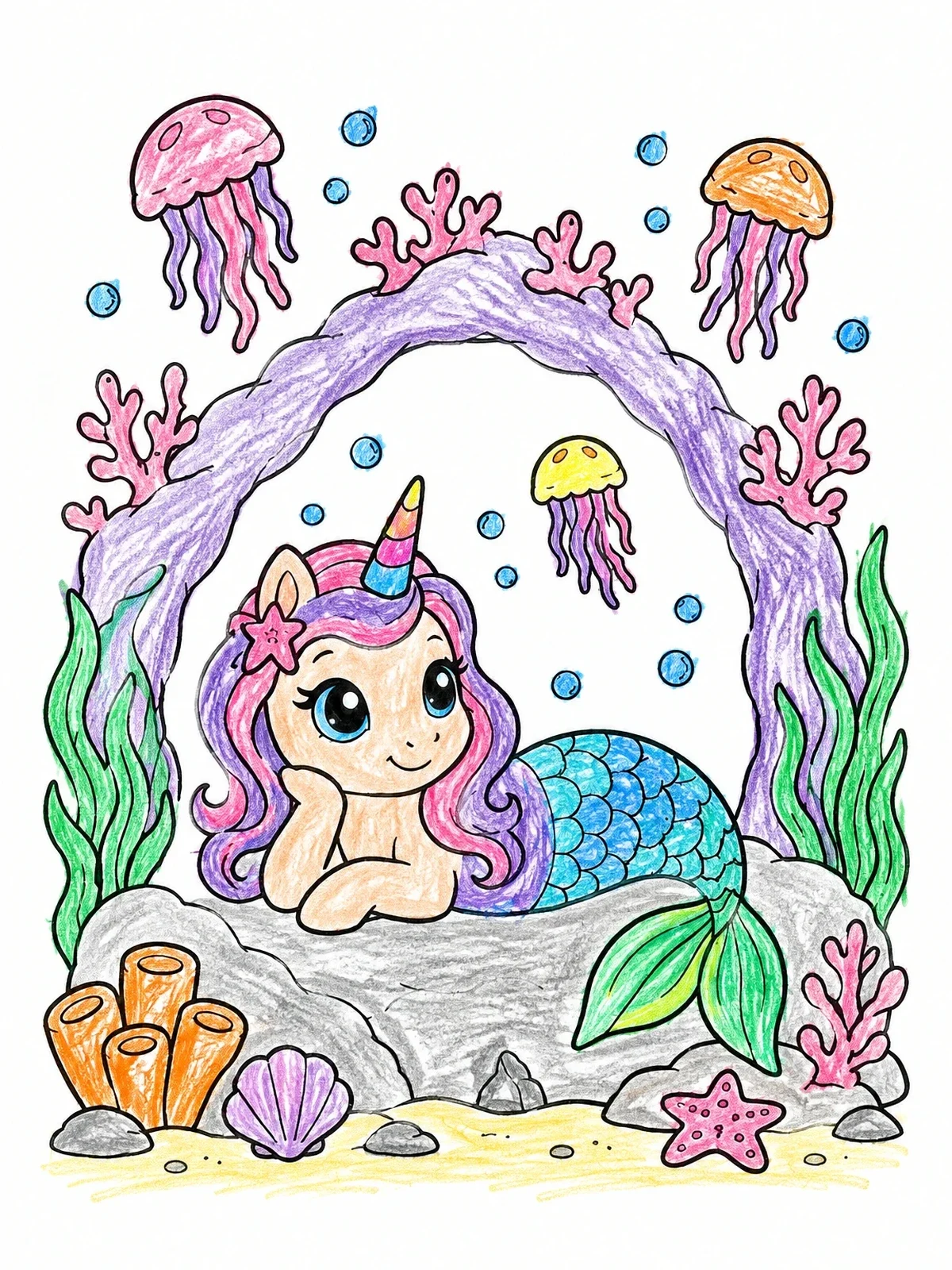 Colored example of the Cute Mermicorn Under Coral Arch coloring page