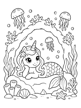 Free printable Cute Mermicorn Under Coral Arch coloring page