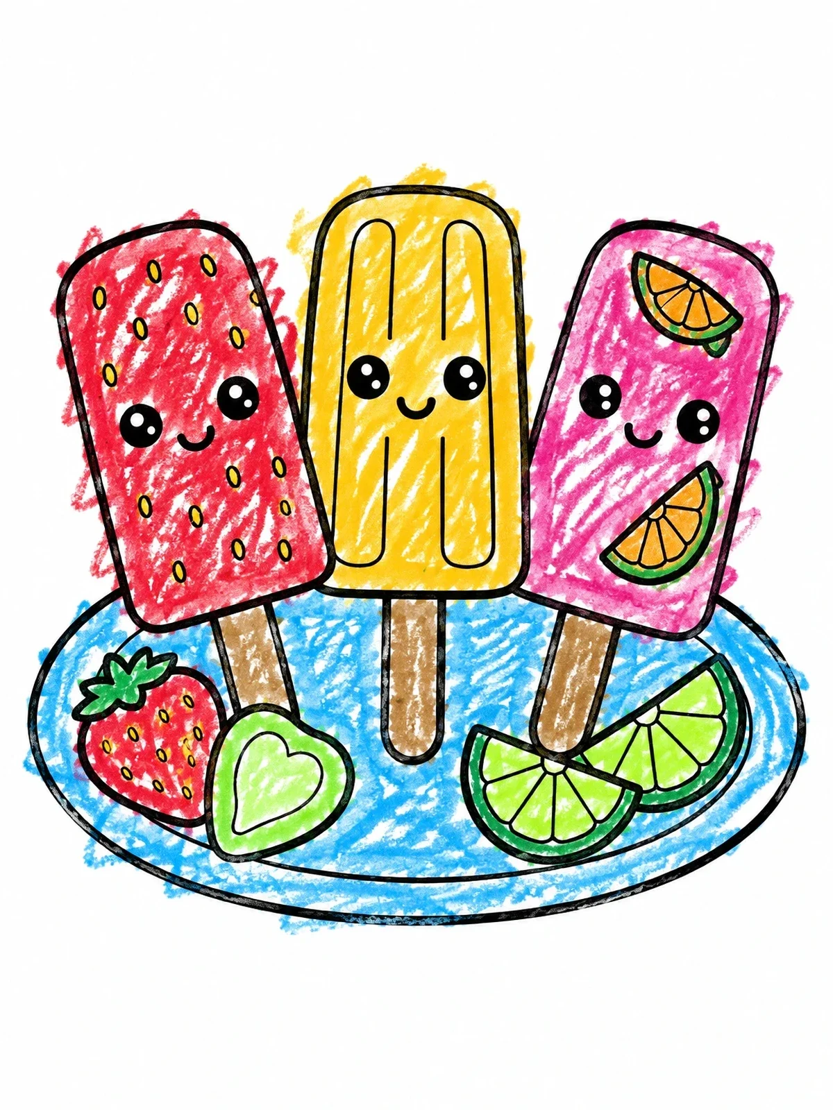Colored example of the Cute Mexican Fruit Paletas coloring page