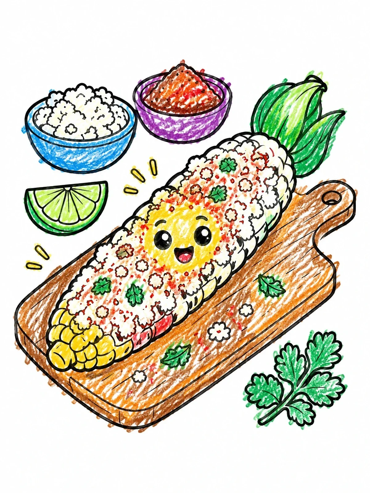 Colored example of the Cute Mexican Street Corn Elote coloring page