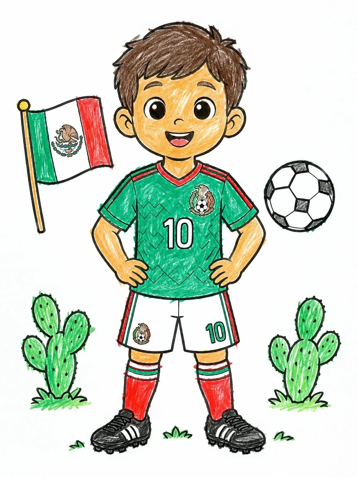 Colored example of the Cute Mexican Soccer Boy Player coloring page