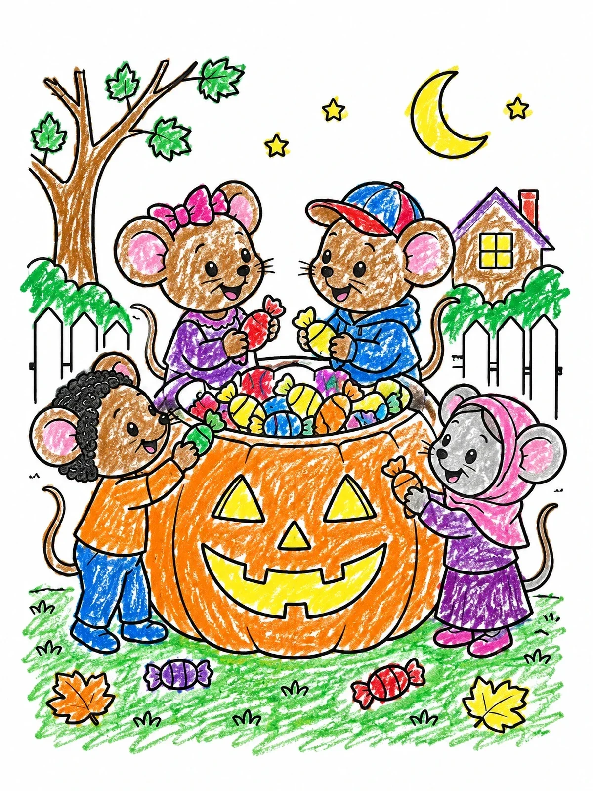 Colored example of the Cute Mice Sharing Halloween Treats coloring page