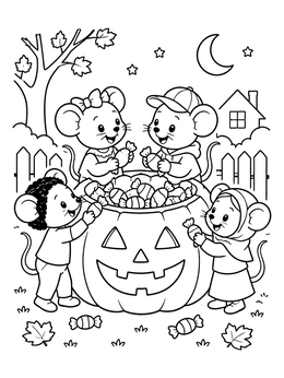 Four cute mice around a jack-o'-lantern full of sweets in this halloween cartoon coloring page.
