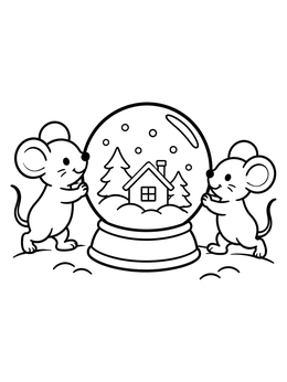 Two cheerful little mice holding a winter snowglobe coloring page.