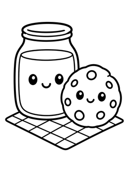 A smiling milk jar next to a cheerful treat in this cookie coloring page on a checkered napkin.