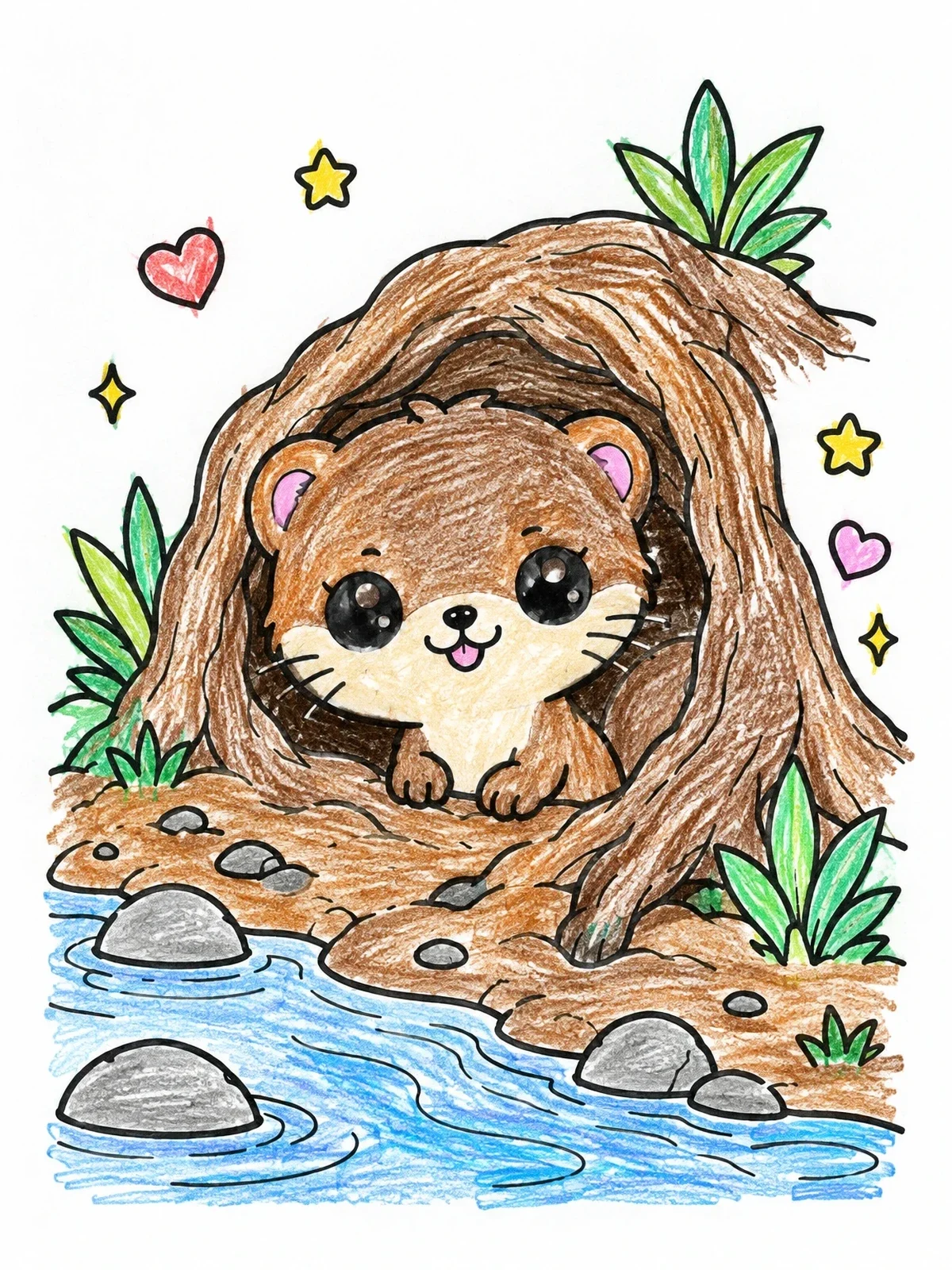 Colored example of the Cute Mink In Hollow Log coloring page