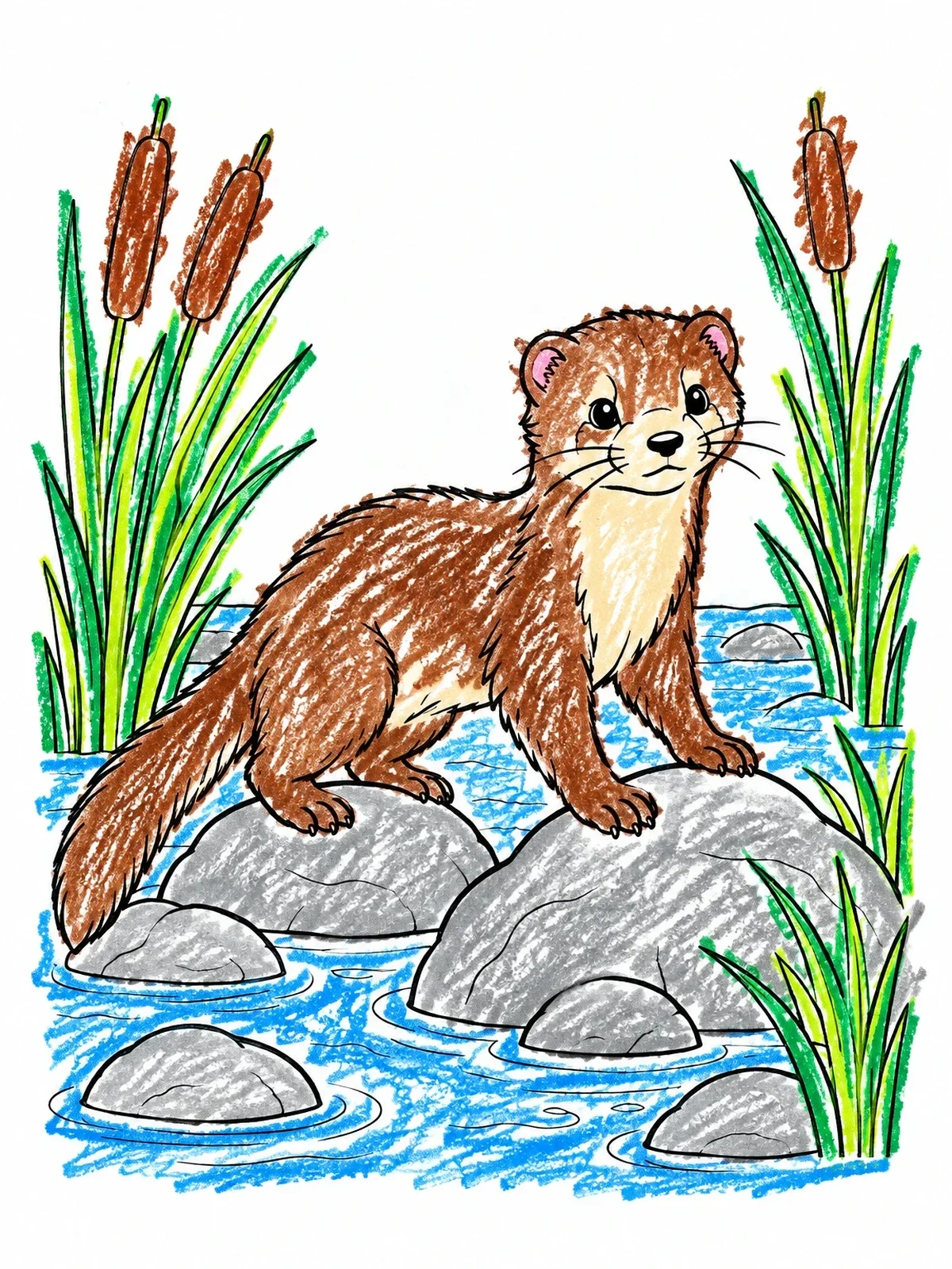 Colored example of the Cute Mink On River Rocks coloring page