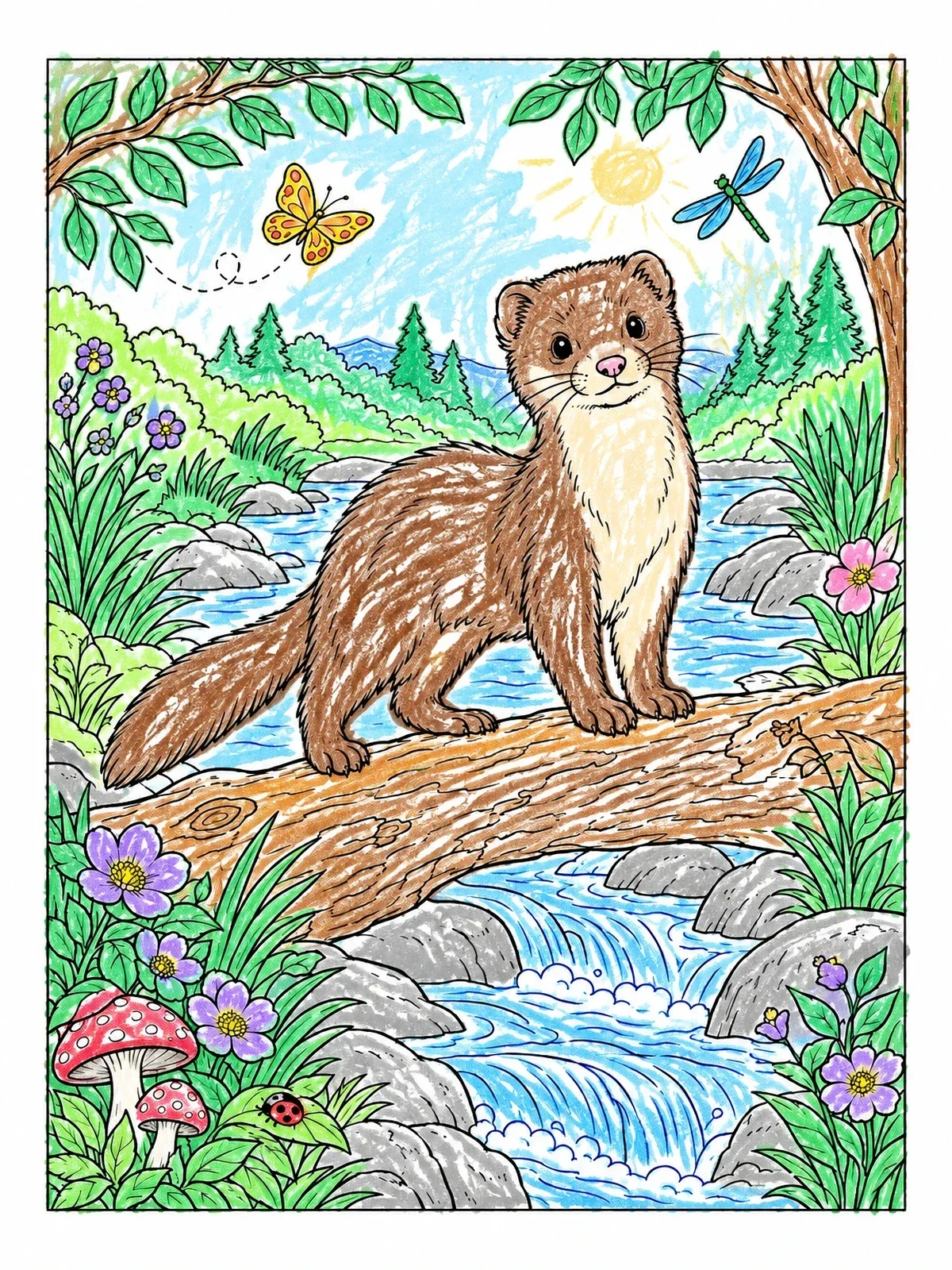 Colored example of the Cute Mink On A Log coloring page