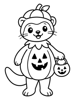 A cute mink coloring page showing the animal dressed in a pumpkin suit for Halloween.
