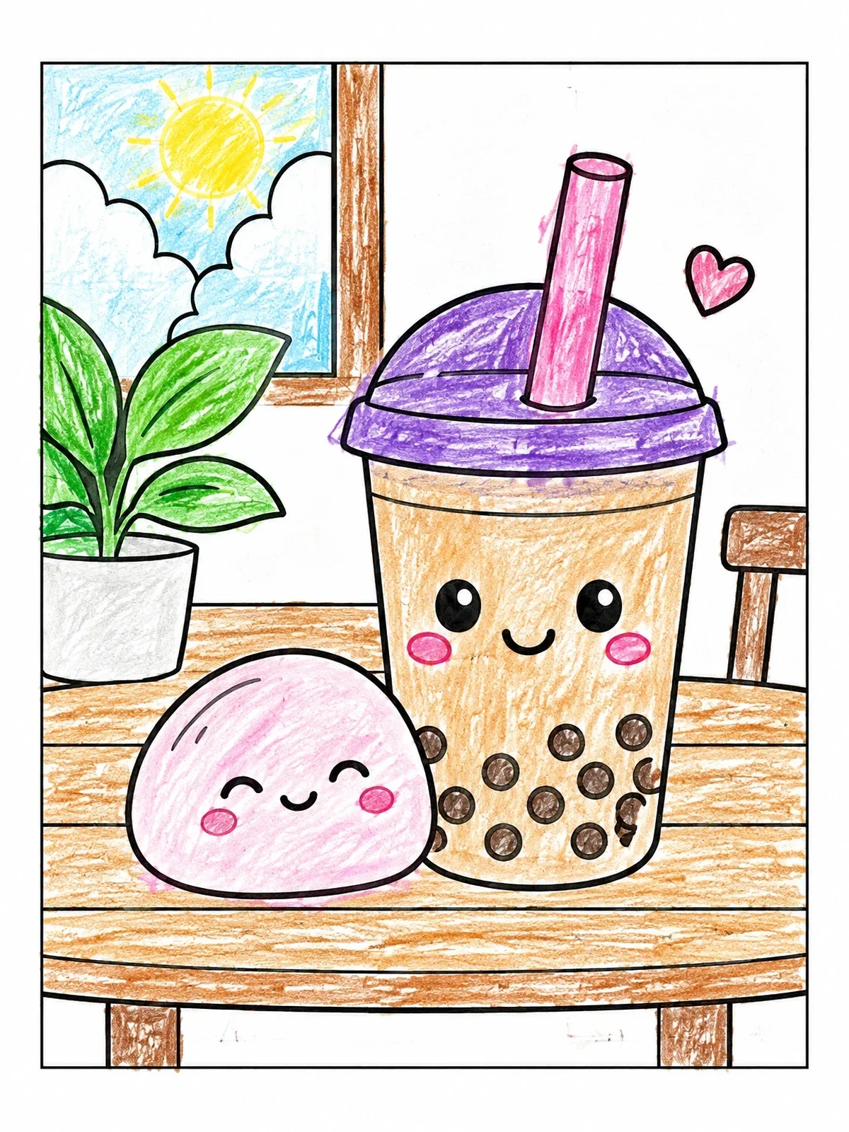 Colored example of the Cute Mochi And Boba Tea coloring page