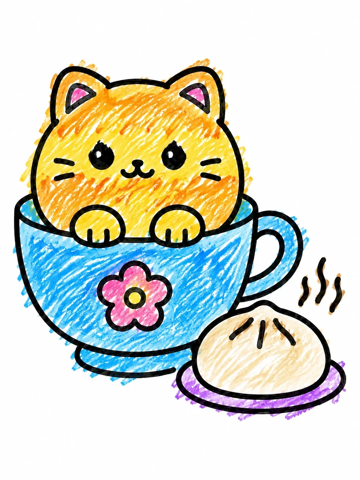 Colored example of the Cute Mochi Cat In A Teacup coloring page