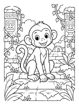 A cheerful cartoon monkey sitting on stone temple steps on this monkey coloring page.
