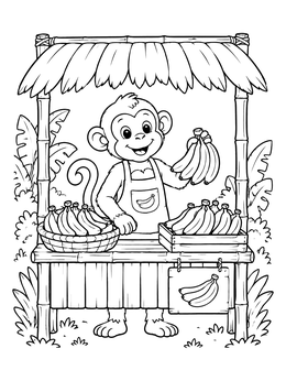 A cheerful monkey selling fruit behind a jungle stall on this monkey coloring page.