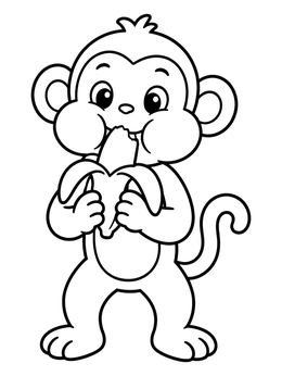 A cute monkey coloring page showing a playful animal munching on a banana.