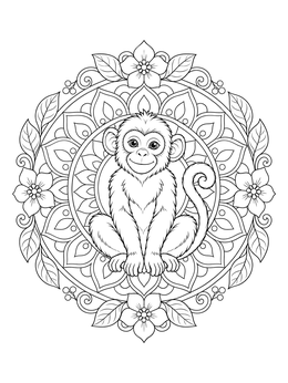 A seated monkey surrounded by floral patterns on this monkey coloring page.