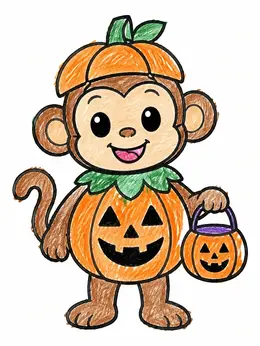 Monkey Simple Coloring Cute Monkey In Pumpkin Costume Coloring Page