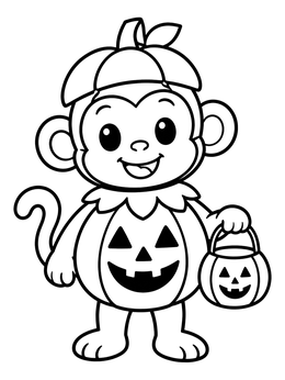 A cheerful monkey coloring page featuring a pumpkin costume and candy bucket.