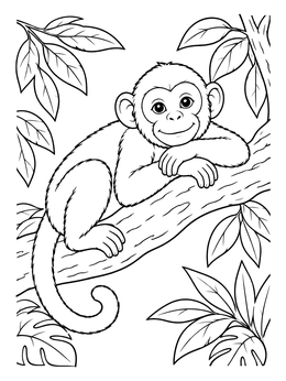 A peaceful monkey coloring page with a cute ape resting comfortably on a thick jungle branch.